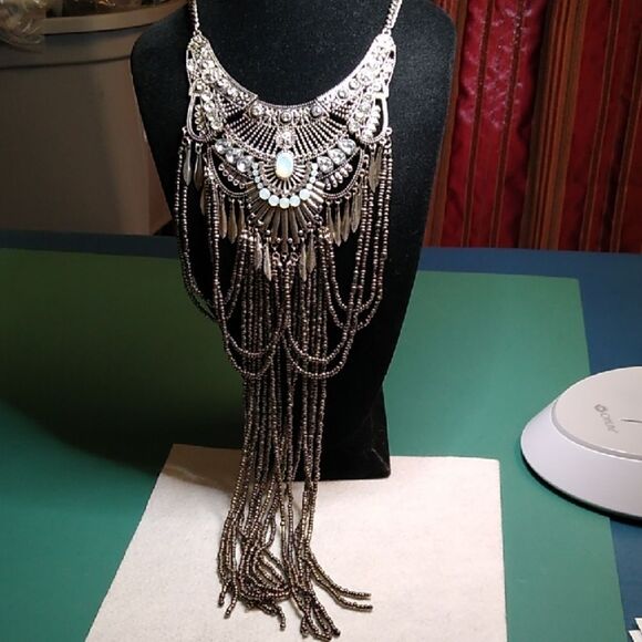 Elegant Silver Statement Bib Necklace Rhinestones and Chain Dangles - Picture 1 of 10